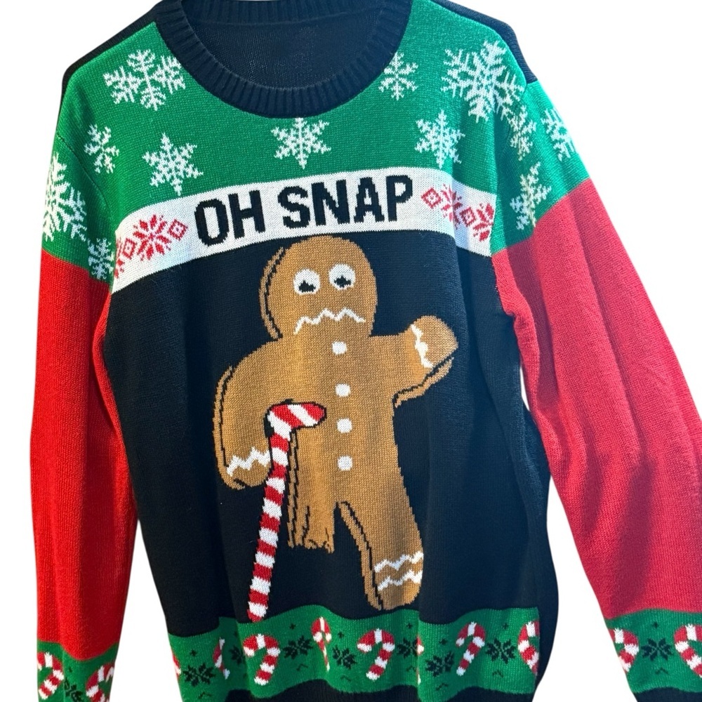 Ugly Christmas Sweater "Oh Snap" Gingerbread Man Design Multi-Color I